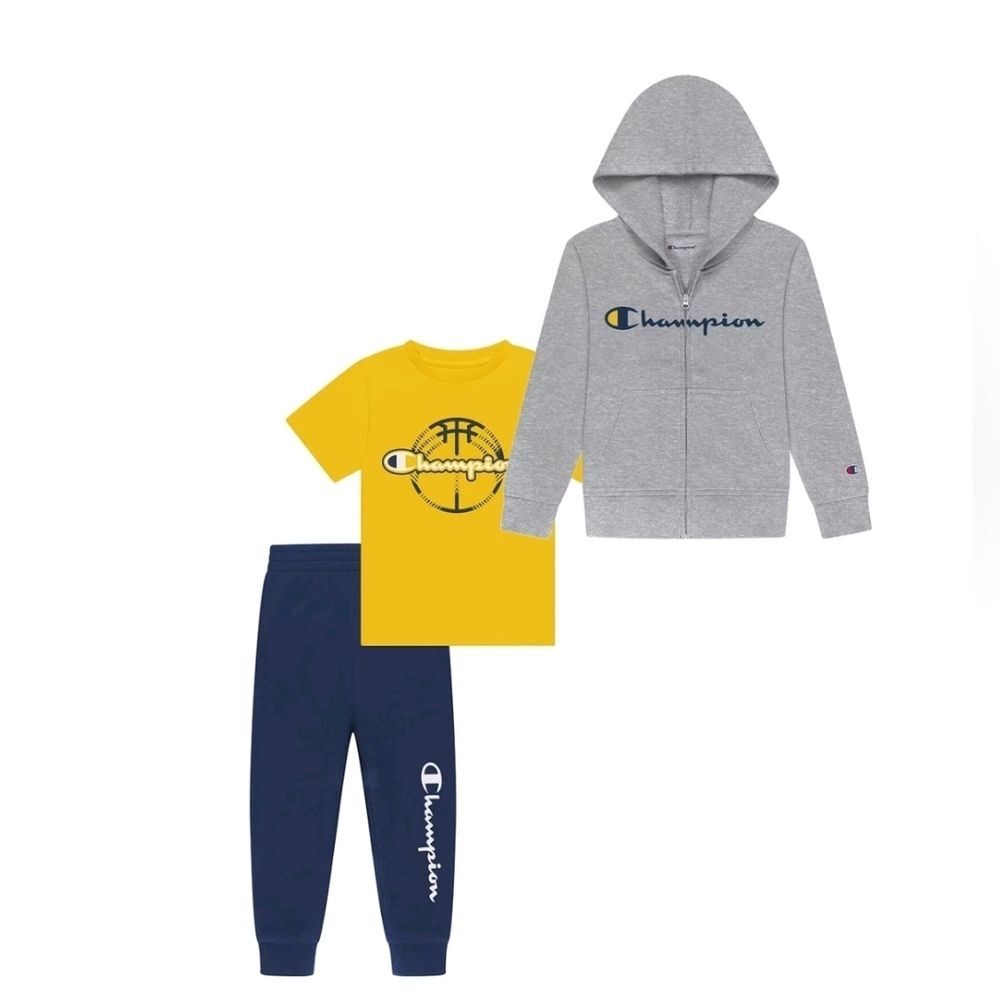 Champion 3 Piece Toddler Boys Grey Navy Tee, Hoodie & Jogger Basketball Size 18m